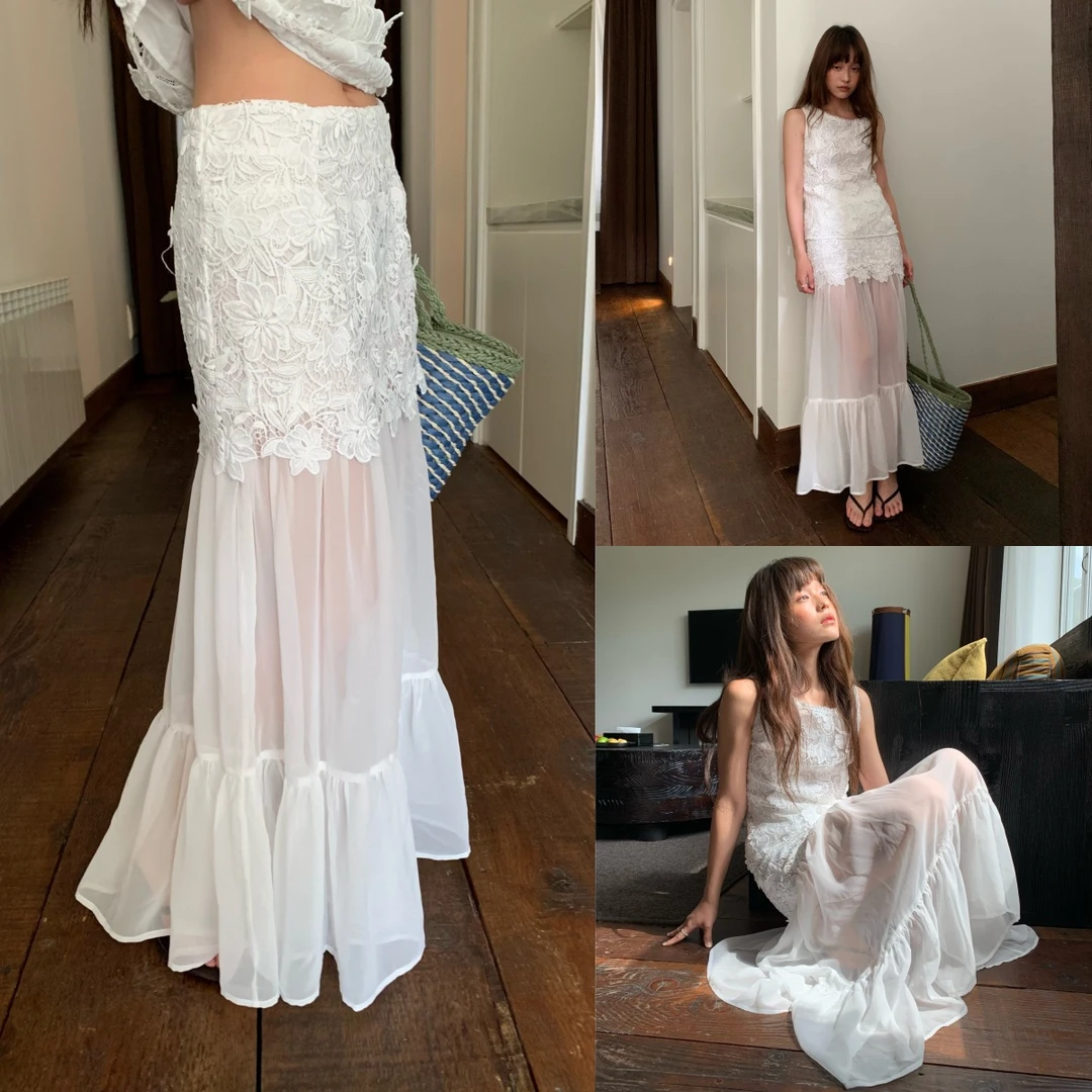 NEW OPEN 25夏季款修身法式绝美透视蕾丝拼接纱网鱼尾半身裙女