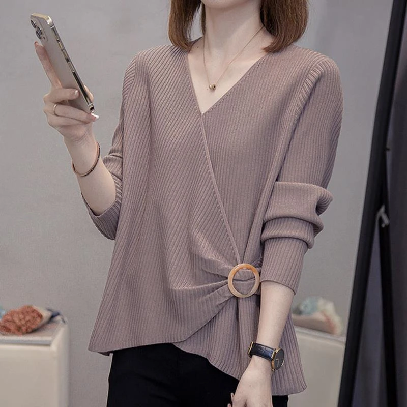 杜拉妮中年妈妈宽松休闲针织衫上衣春新款时尚洋气设计感V领毛衣