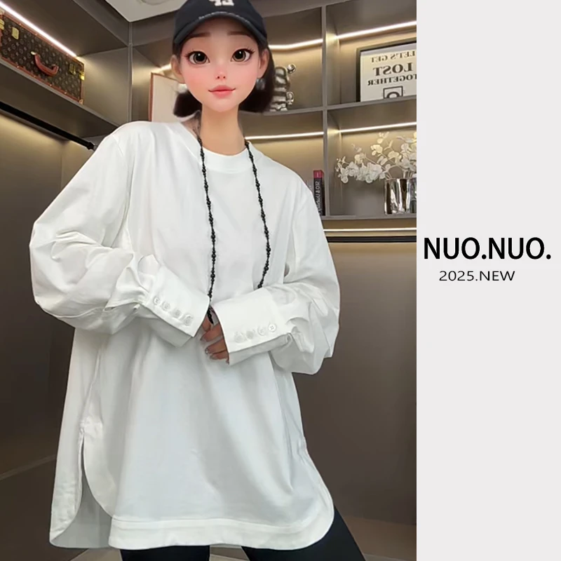 （排扣T恤）2025春秋长袖休闲百搭宽松圆领纯色上衣女设计感