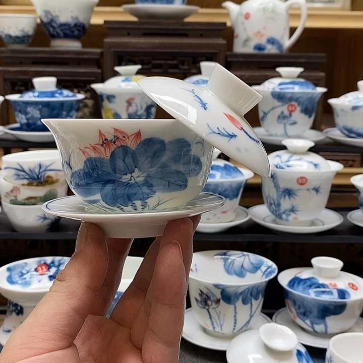 手绘微瑕荷花盖碗