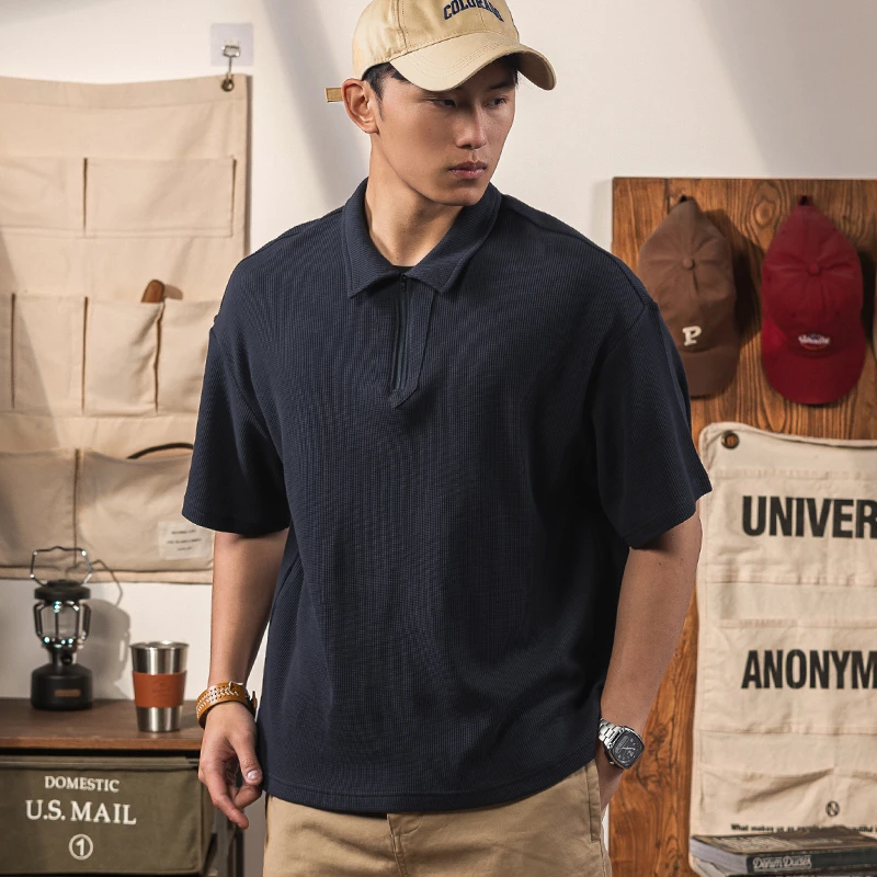 美式复古休闲半拉链落肩袖polo衫男夏225G华夫格宽松翻领短袖T恤