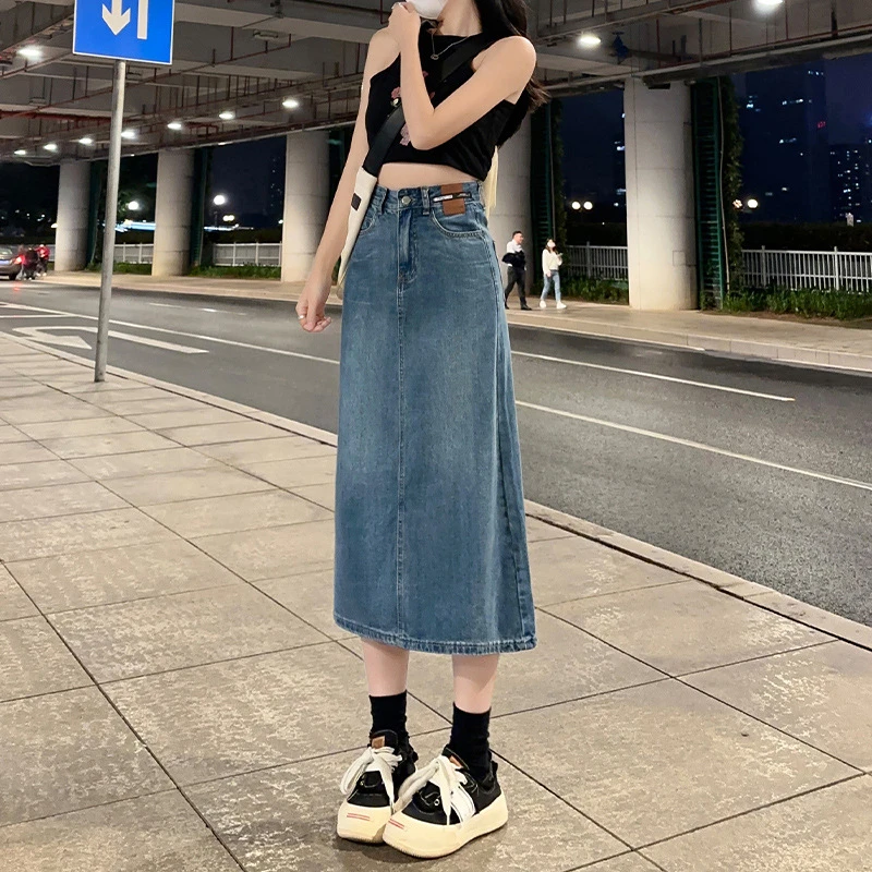 中长半身裙女网红ins潮开叉牛仔包臀复古a字型设计皮牌高腰裙子夏