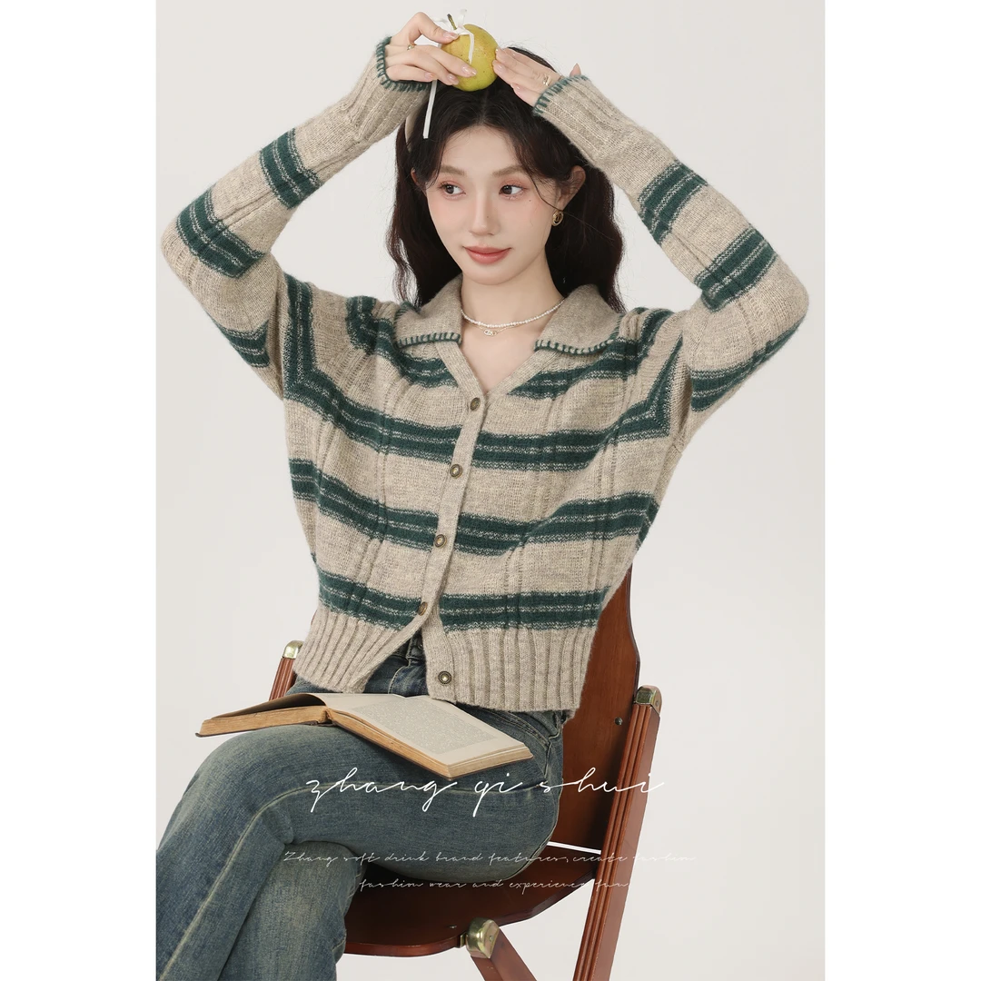 【ZBT直播间】《条纹女孩》秋冬复古娃娃领毛衣小众设计感上衣Z13510