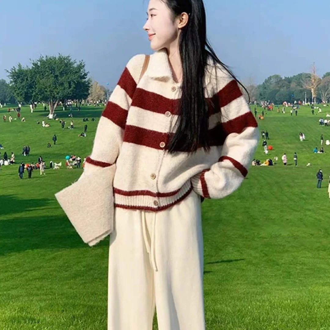 237红色条纹娃娃领毛衣针织开衫外套秋冬打底内搭独特别致上衣