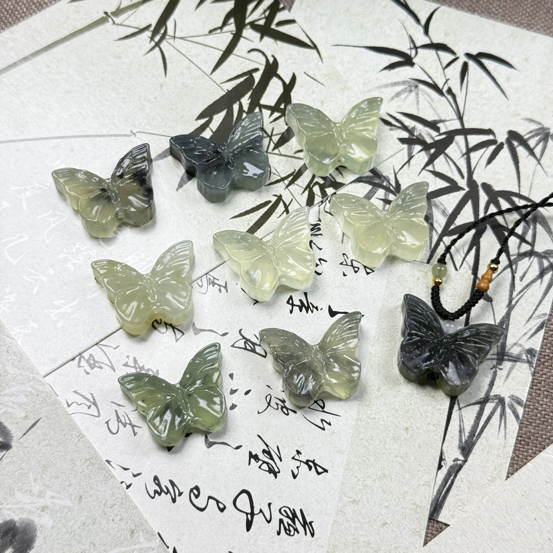 岫玉绿冰蝴蝶水墨蝴蝶吊坠