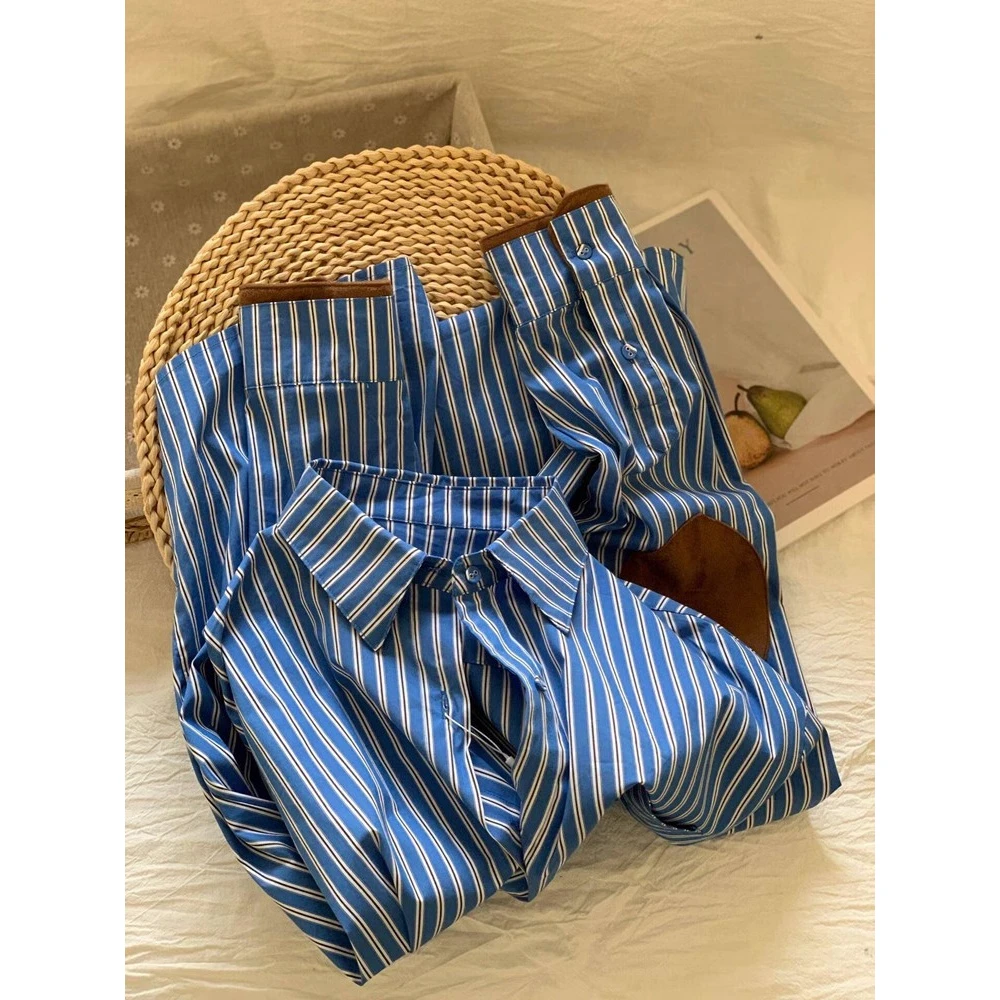 可遇不可求！法式高级感蓝白条纹翻领衬衫2025年新款百搭减龄上衣