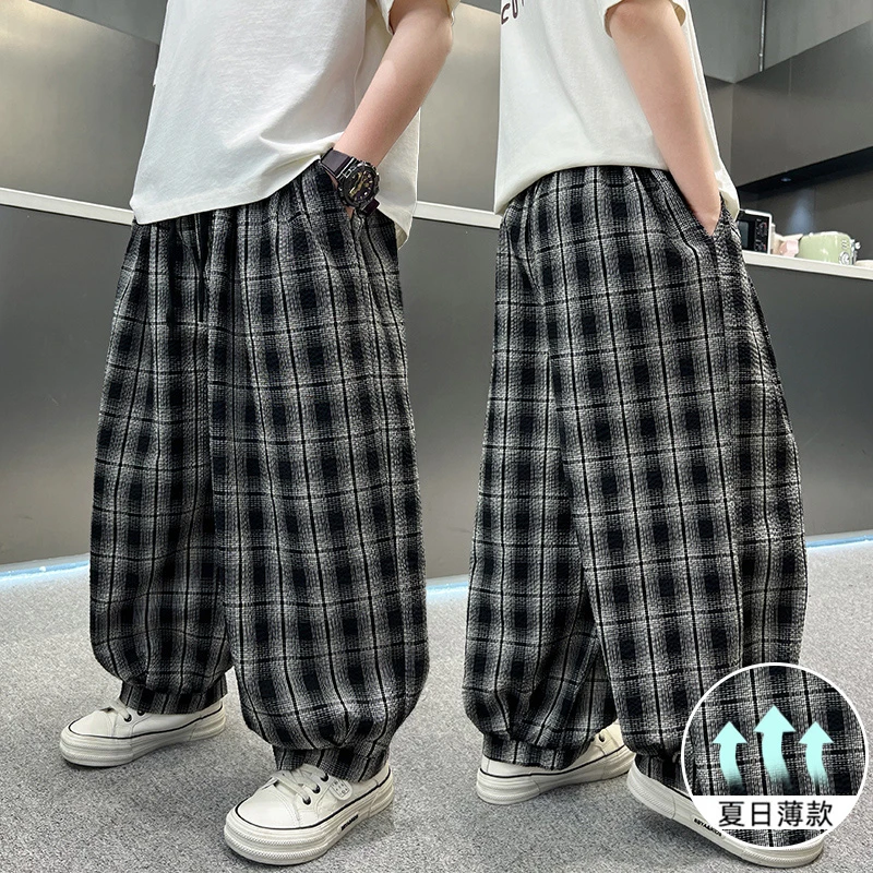 男童夏装格子防蚊九分裤子2025新款儿童装夏季男孩夏款大童薄款潮