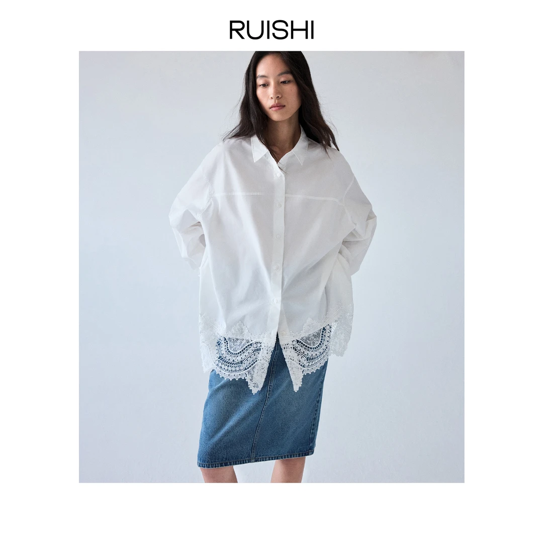 RUISHI芮时BoudoirChic风蕾丝花边拼接廓形白色衬衫秋R25C115802