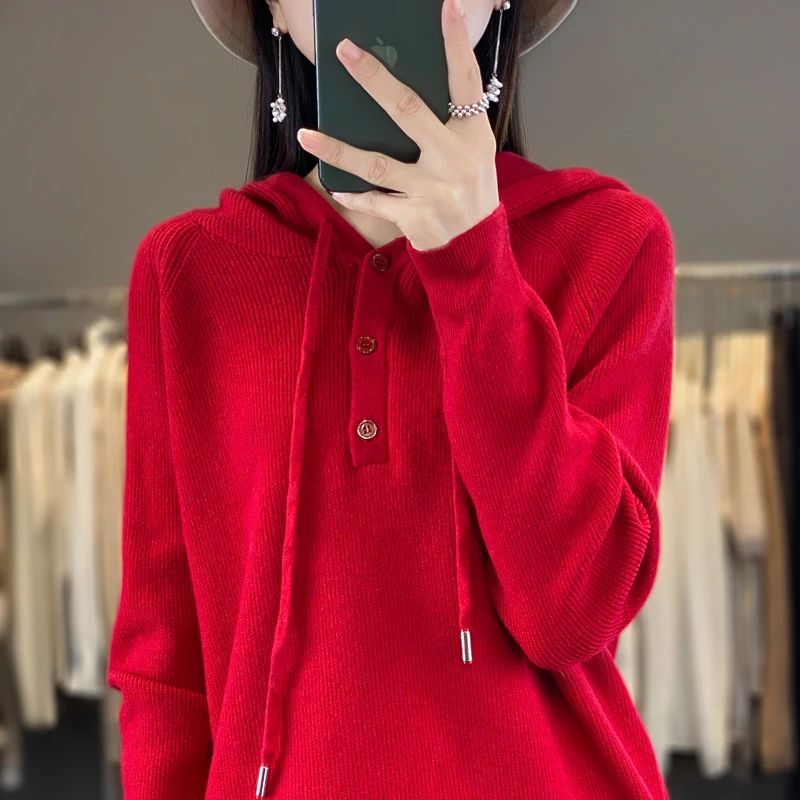气质连帽半开带扣时尚套头针织衫女款纯色长袖D838