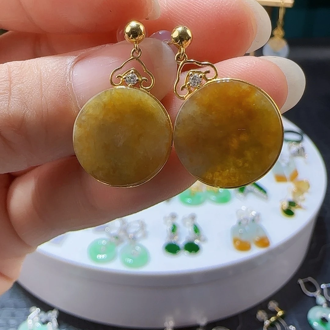 翡翠18K金镶嵌耳饰天然缅甸a货翡翠