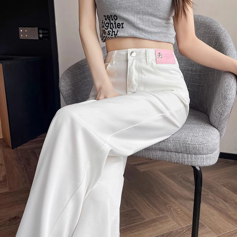 莱赛尔天丝白色牛仔裤女夏季薄款高腰冰丝小个子直筒窄版阔腿裤子