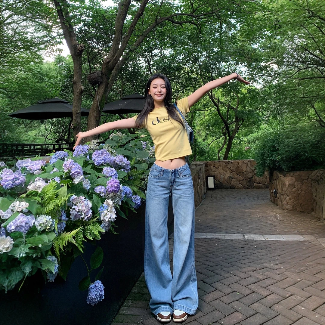 美式辣妹无腰头低腰直筒牛仔裤女2025夏季薄款宽松显瘦清凉休闲裤