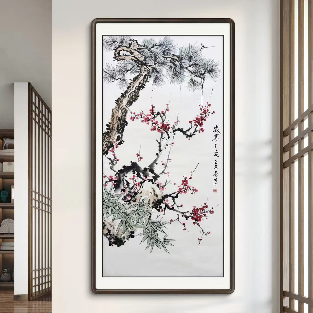 张芳军手绘《岁寒三友》竖幅四尺松树竹子梅花玄关厅堂挂画文玩探宝
