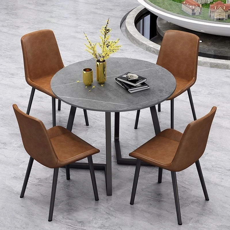 网红轻奢岩板休闲洽谈判桌椅组合商务售楼处办公室接待圆形大餐桌