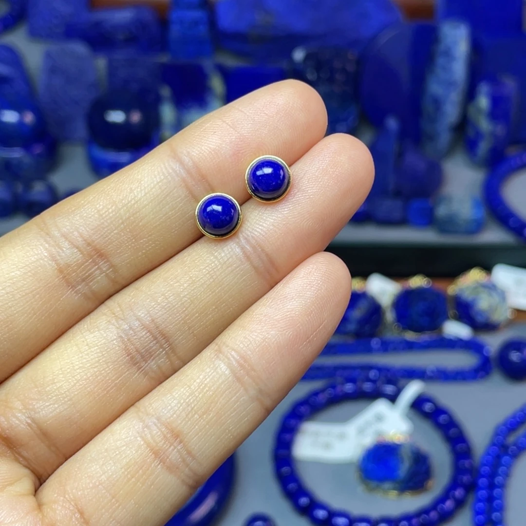 青金石银S925镀金镶嵌7mm耳饰