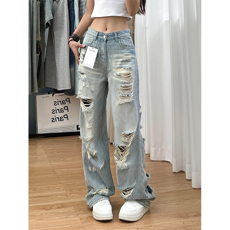 大码美式破洞水洗设计感牛仔裤女夏季新款高腰宽松街头做旧直筒裤