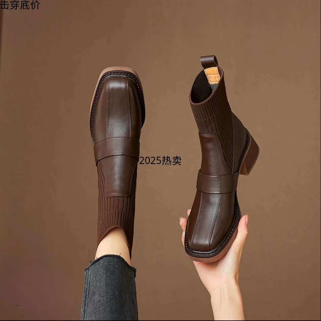 2025今年流行靴子炸街短靴袜靴真皮百搭弹力靴黑色秋冬中筒女靴