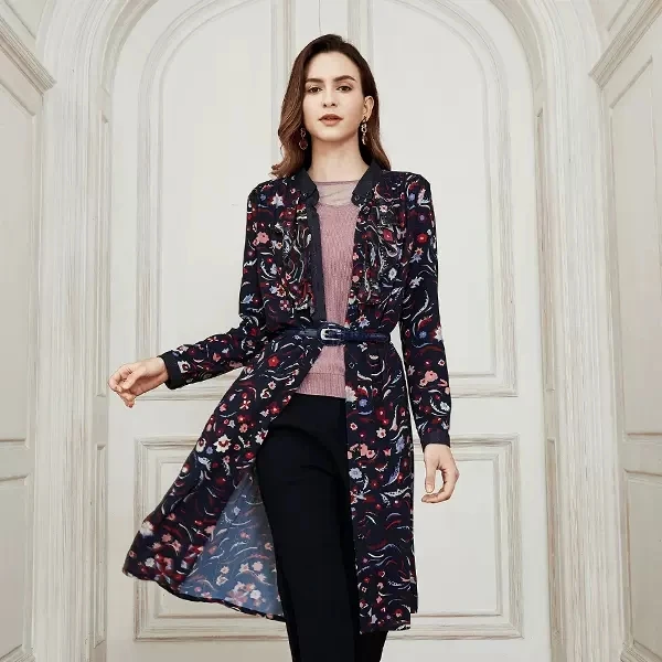 Shengyuzhu/声雨竹2023新款立领淑女印花长袖休闲舒适连衣裙