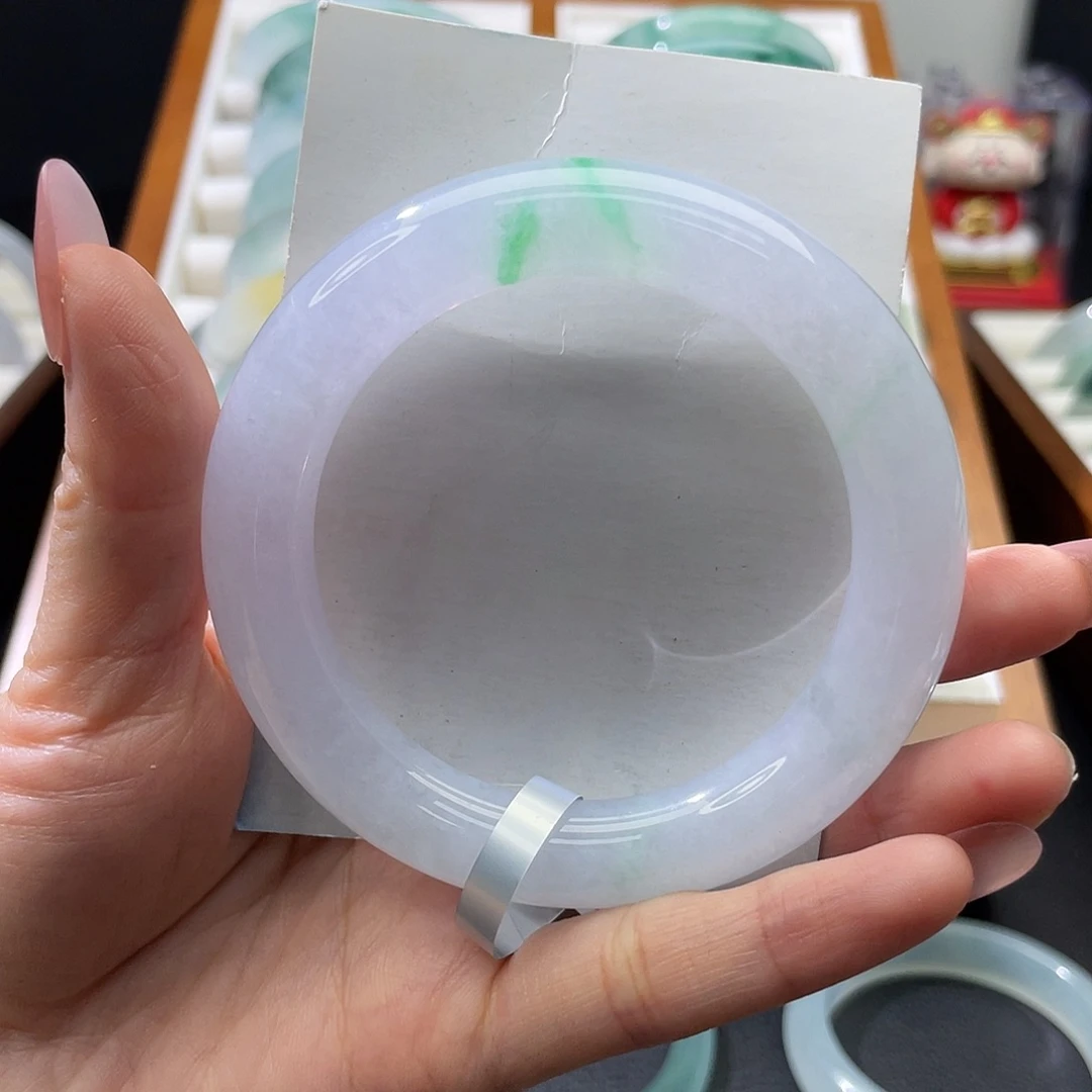 翡翠未镶嵌手镯55冰紫飘金丝绿