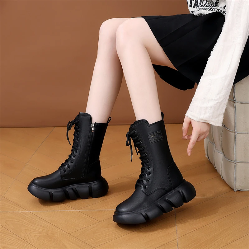 中筒靴女2025秋冬新款英伦风马丁靴单靴百搭厚底软底保暖加绒棉靴