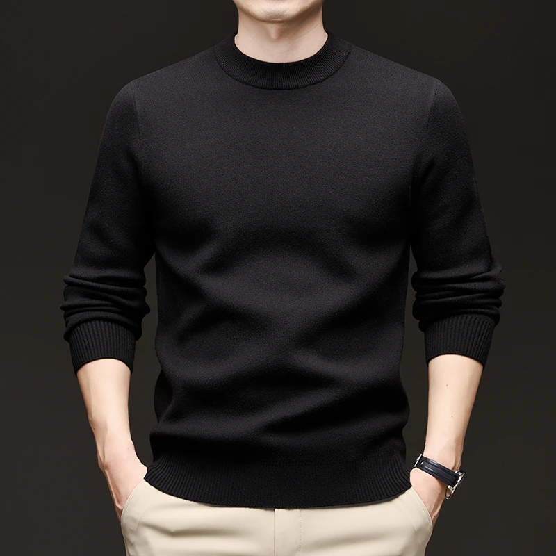 男士圆领毛衣冬季新款保暖加绒加厚打底衫纯色休闲套头针织衫内搭