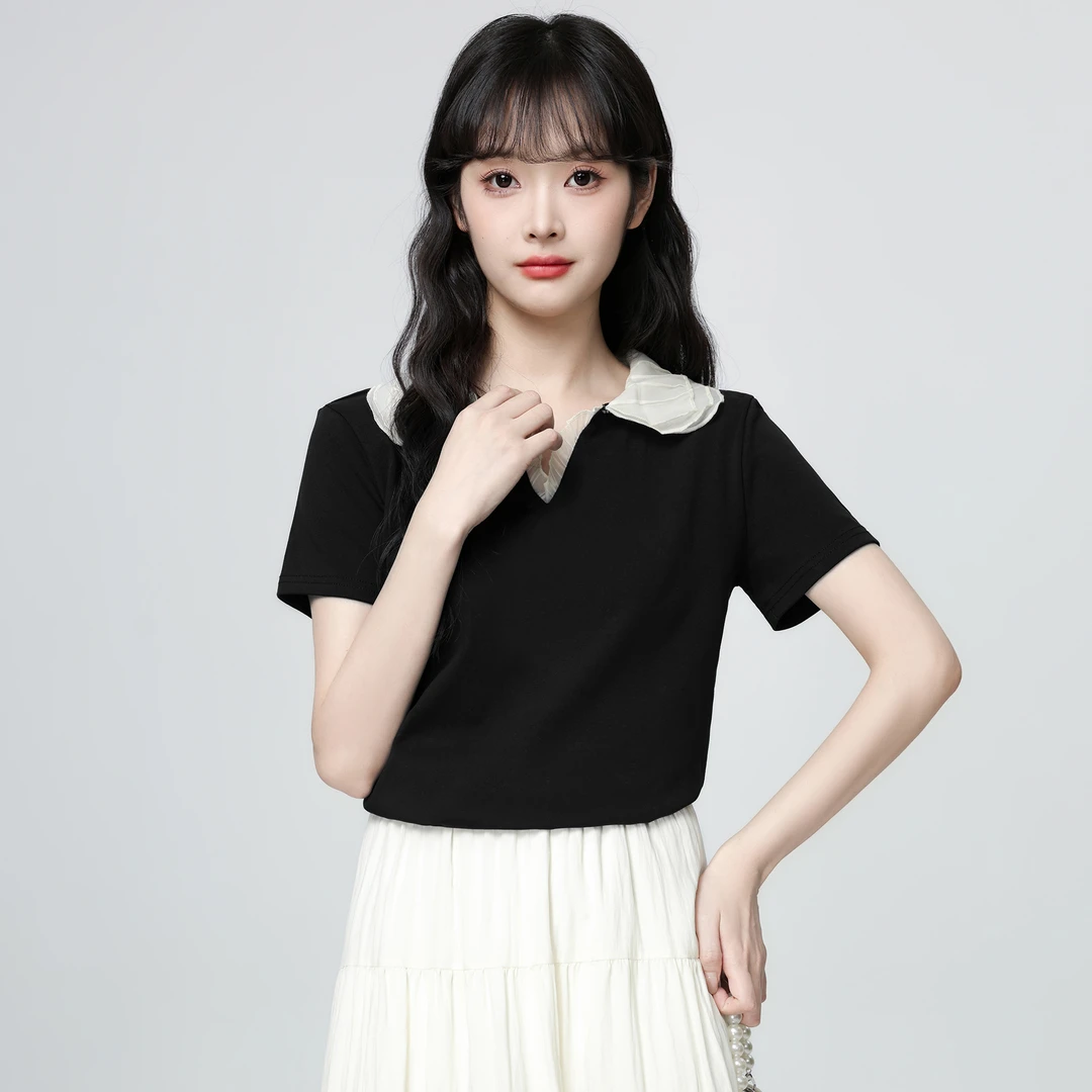 黑色娃娃领短袖T恤女2025夏季新款百搭撞色宽松正肩体恤短款上衣