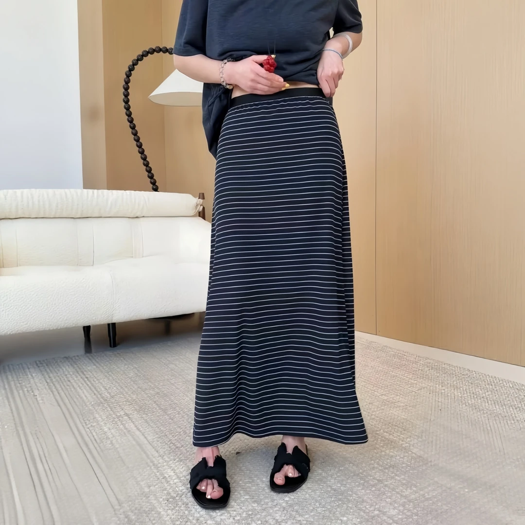 高腰条纹显瘦半身裙女2025夏季大码胖MM气质百搭休闲新款A字裙子