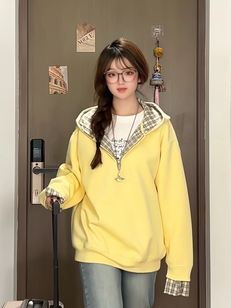 格子撞色卫衣半拉链连帽重磅400G卫衣男女同款L8092