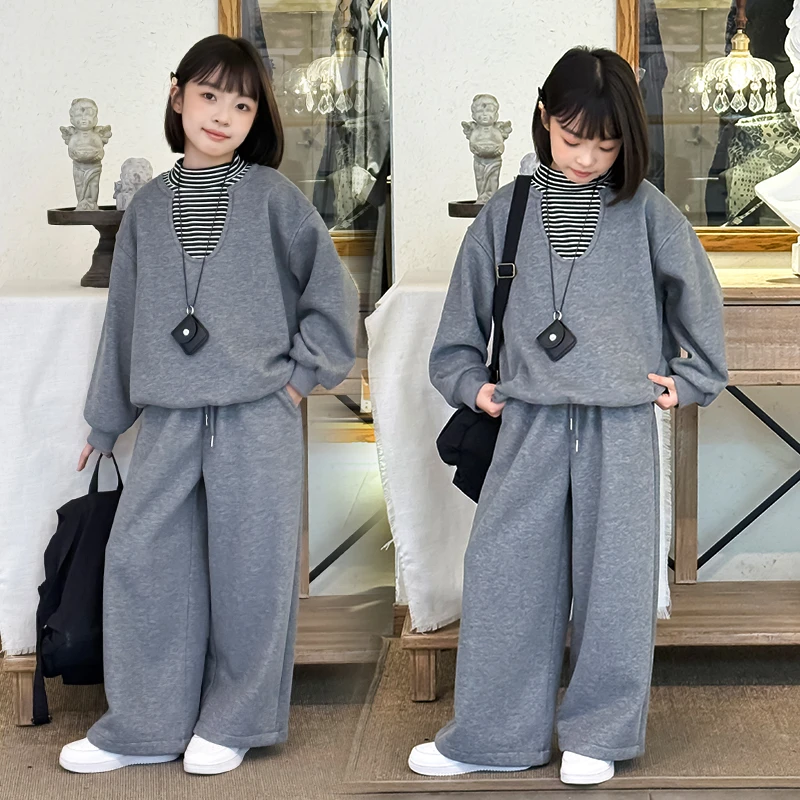 女童加绒套装秋冬装2025新款洋气中大童女孩奥粒绒加厚卫衣两件套