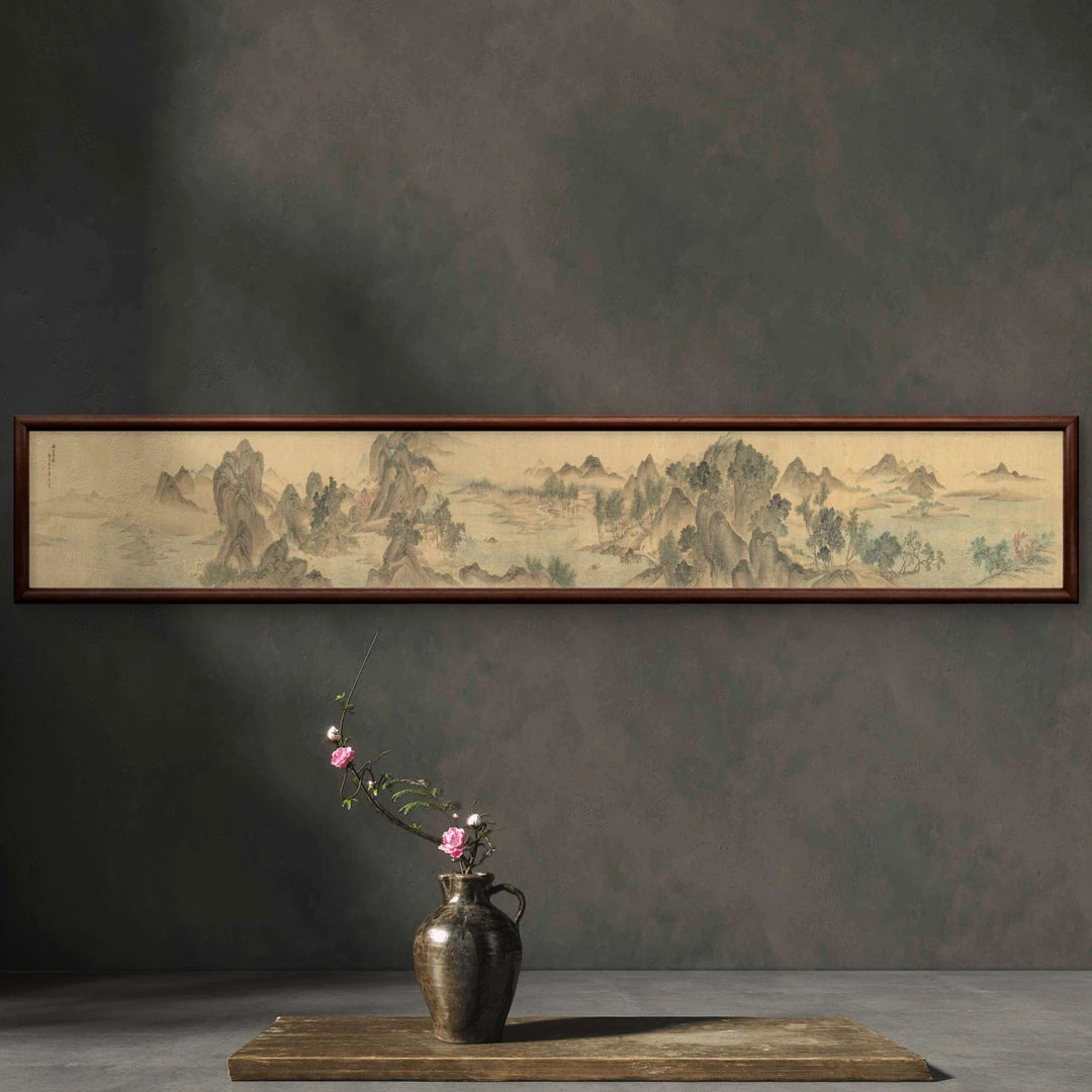 018-40*240湖山春暖图中式装饰画实木框玄关书房茶室客厅挂画