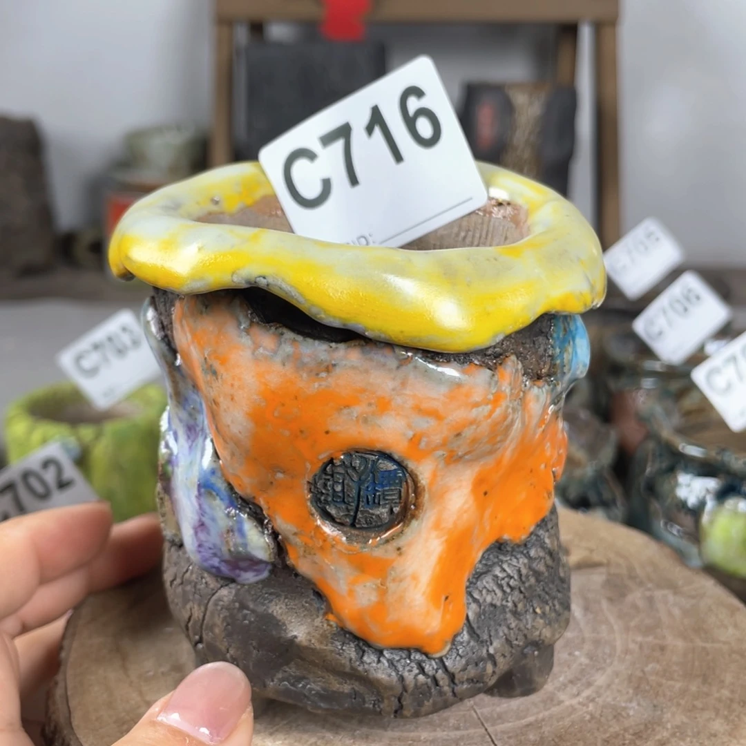 紫砂花盆孤品 不规则油画山石老桩内口6