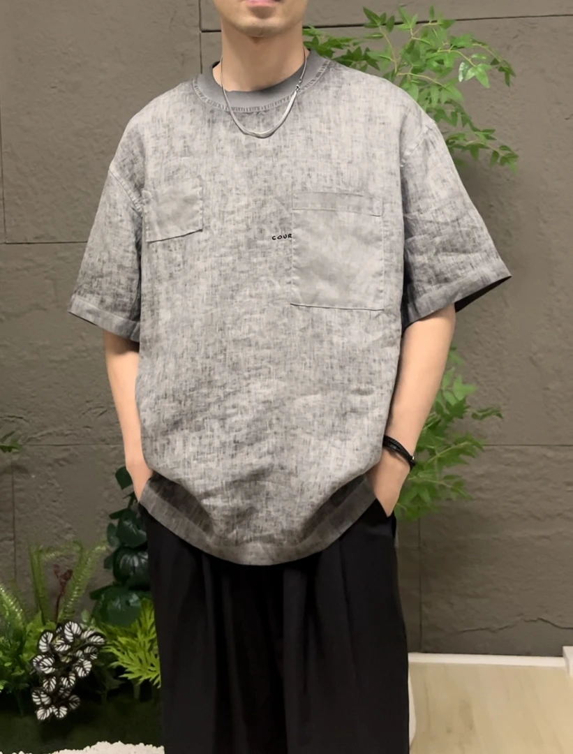 2025夏季新款男亚麻半袖圆领宽松透气薄款休闲百搭做旧设计感T恤