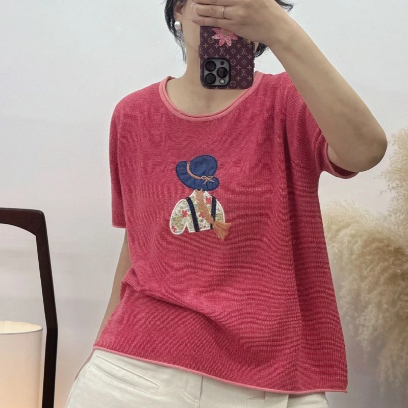 欧货2025夏季爆款正肩撞色圆领短袖t恤女生设计感小众别致上衣潮