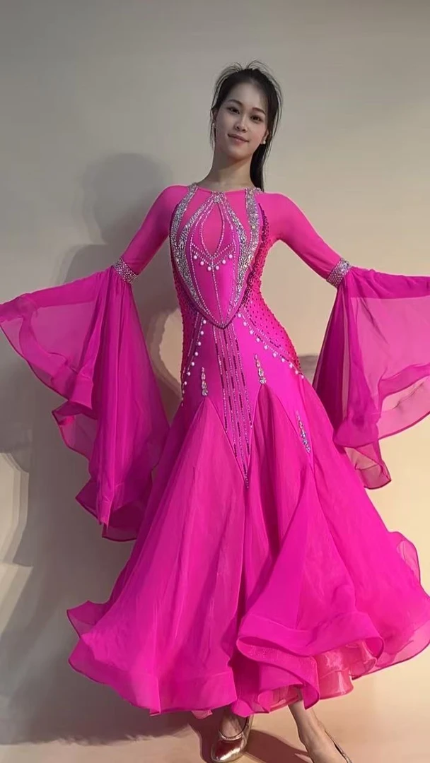 YRSS舞服♥桃红赛服连衣裙显瘦摩登练习裙