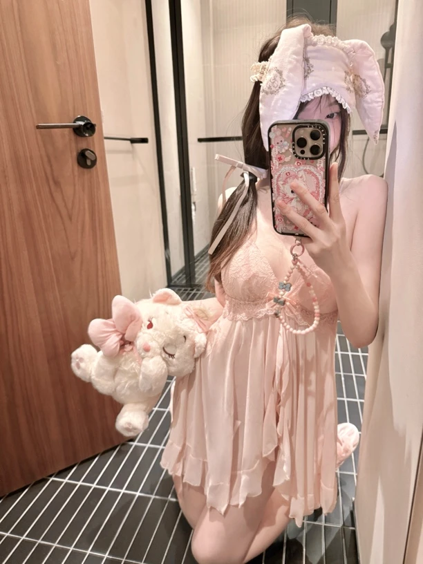 「软糯小粉兔」纯欲性感女睡衣夏季薄蕾丝睡裙lolita