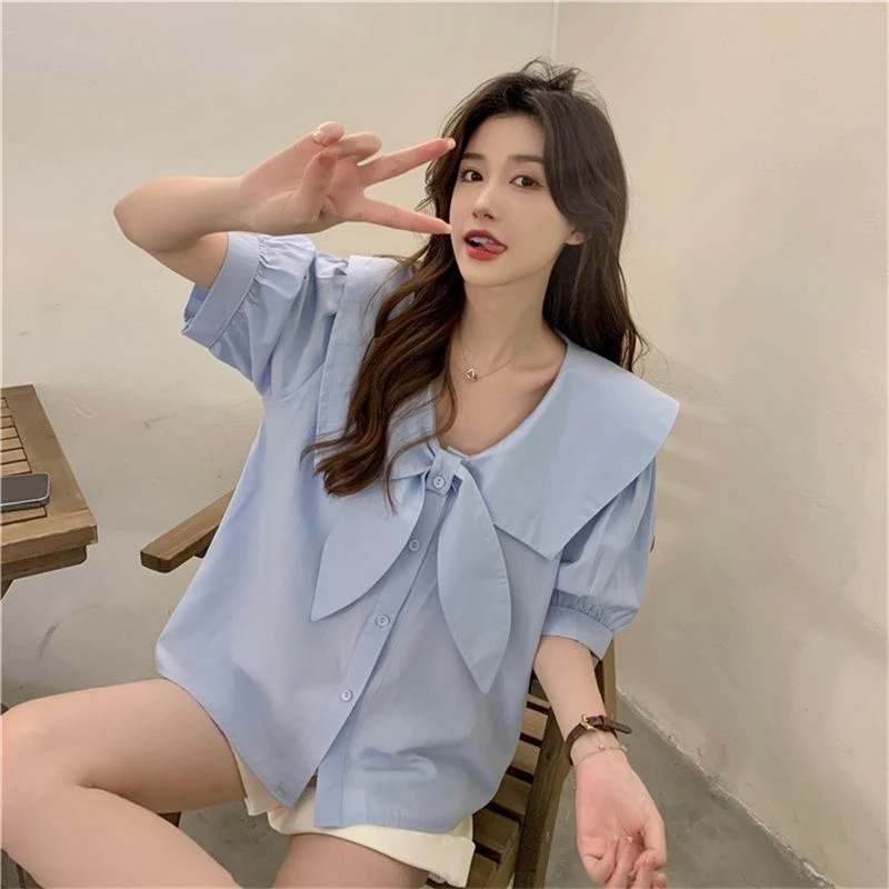 包包专属大码夏季新款娃娃领衬衫胖MM法式蝴蝶结上衣8326