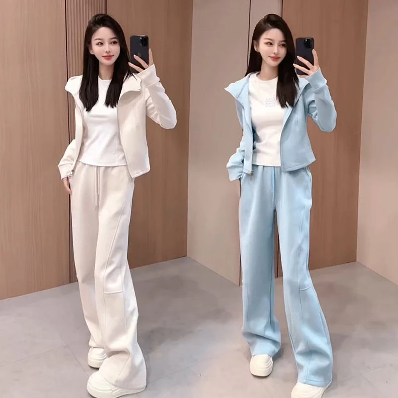 韩版休闲运动服套装女2025春秋新款时尚拉链连帽卫衣阔腿裤两件套