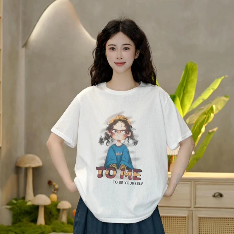 8921 时尚小辫子女孩印花T恤宽松圆领百搭短袖上衣