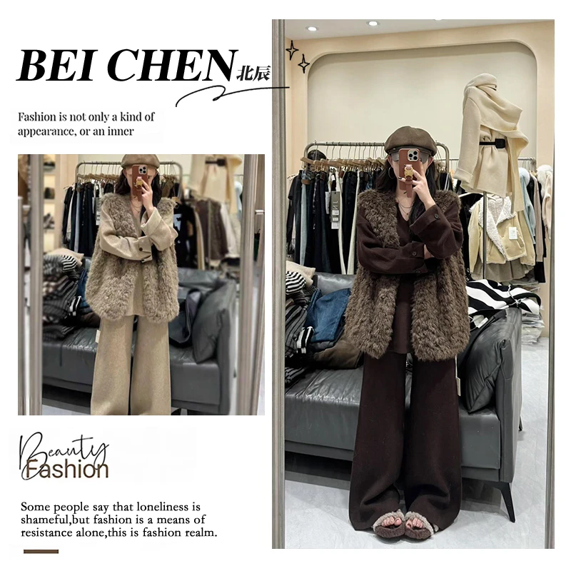 大码新款洋气韩系穿搭慵懒风毛毛马甲针织上衣休闲裤显瘦三件套女