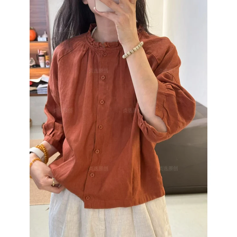 D181-单排多扣夏季女装汉麻简约衬衣衬衫纯色设计感圆领