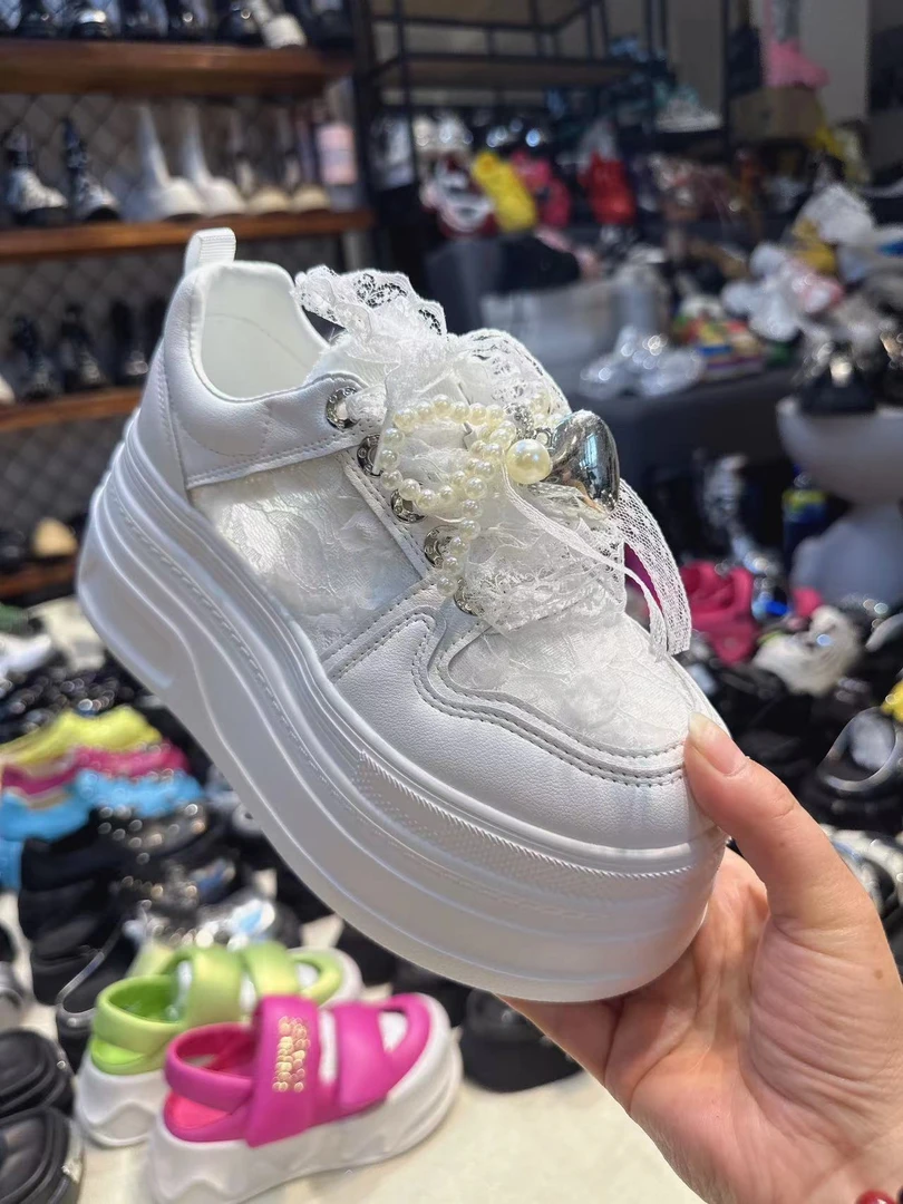 蝴蝶结蕾丝网面厚底8cm松糕小白鞋系带休闲女鞋