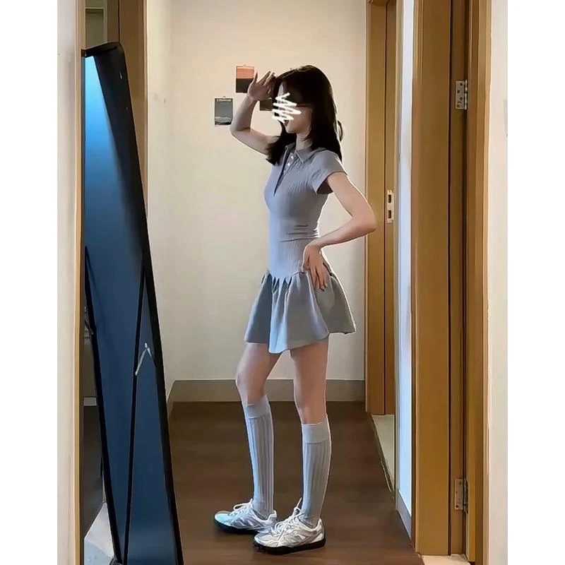 INS CEC设计感连衣裙2025夏季韩系气质翻领短袖收腰褶皱A字裙子