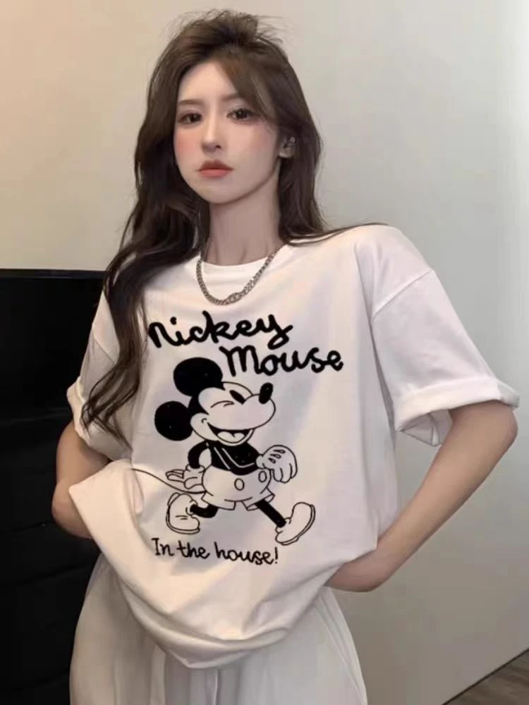 大码U6092街头ins卡通米奇印花女夏季重磅宽松半袖宽松上衣落肩