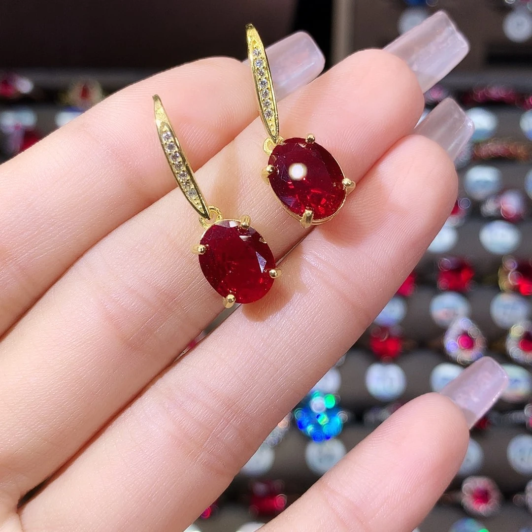 银S925镶嵌耳饰红宝石酒红金810
