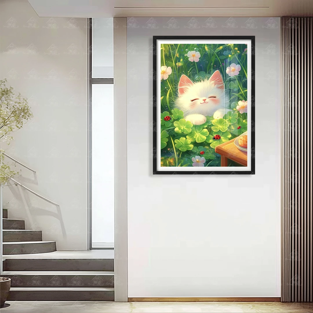 【进口棉布】爱阁十字绣四叶草猫咪新款简约动物客厅玄关手工线绣