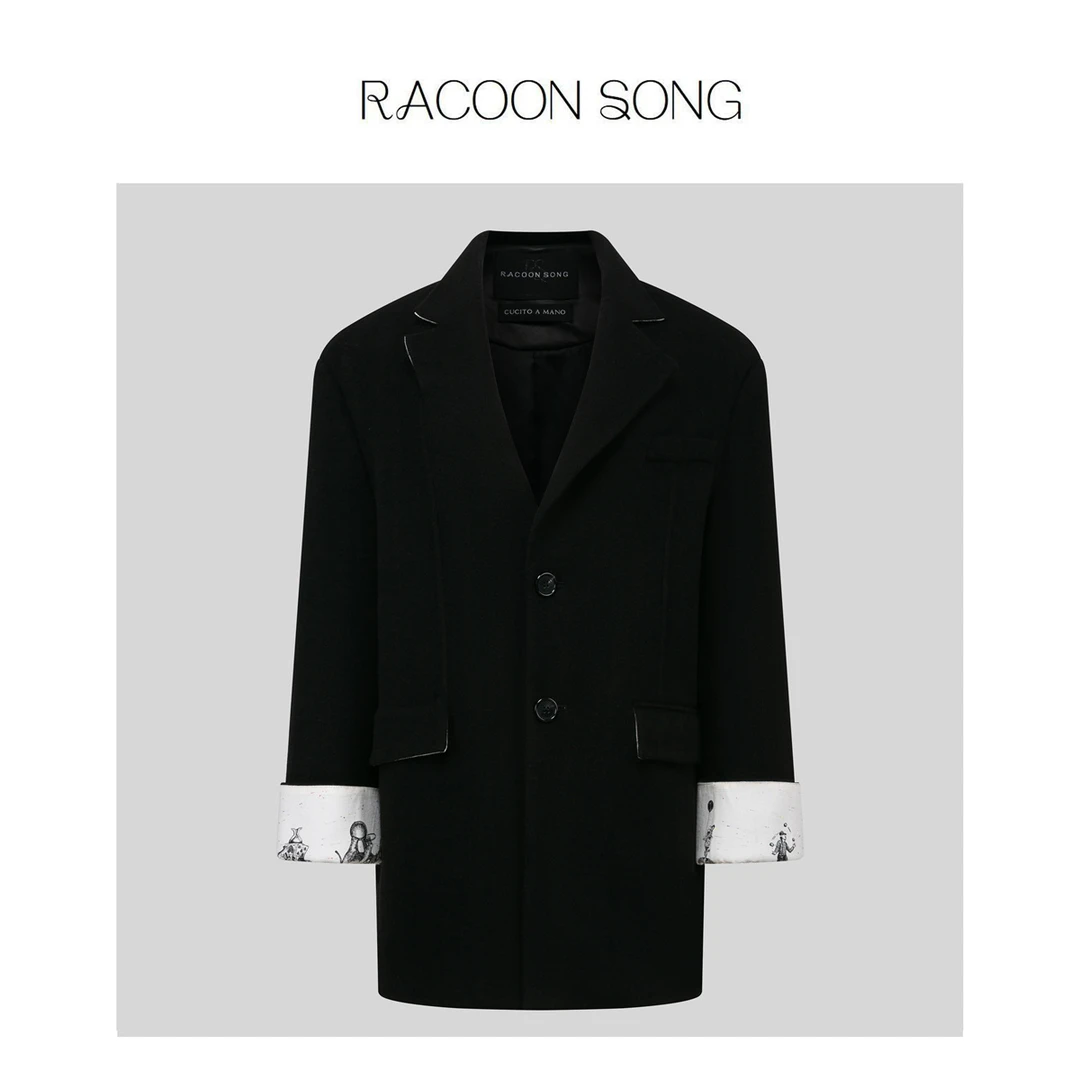 RACOON SONG【墨】100%棉羊毛2025秋冬高级短款羊皮阔版西装外套女
