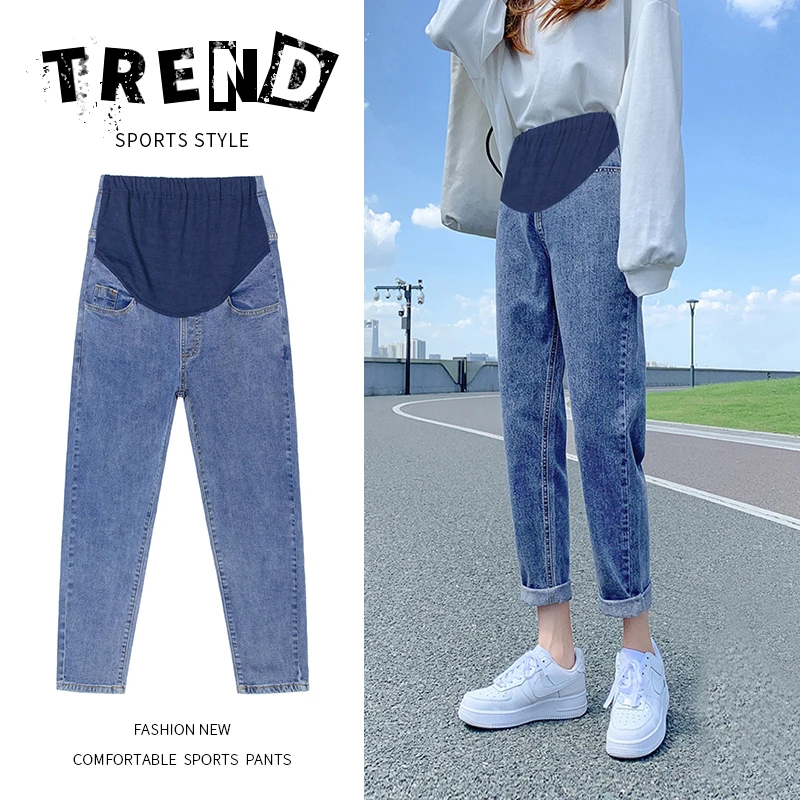 孕妇牛仔老爹裤春季2025新款宽松休闲哈伦裤小个子显瘦托腹九分裤