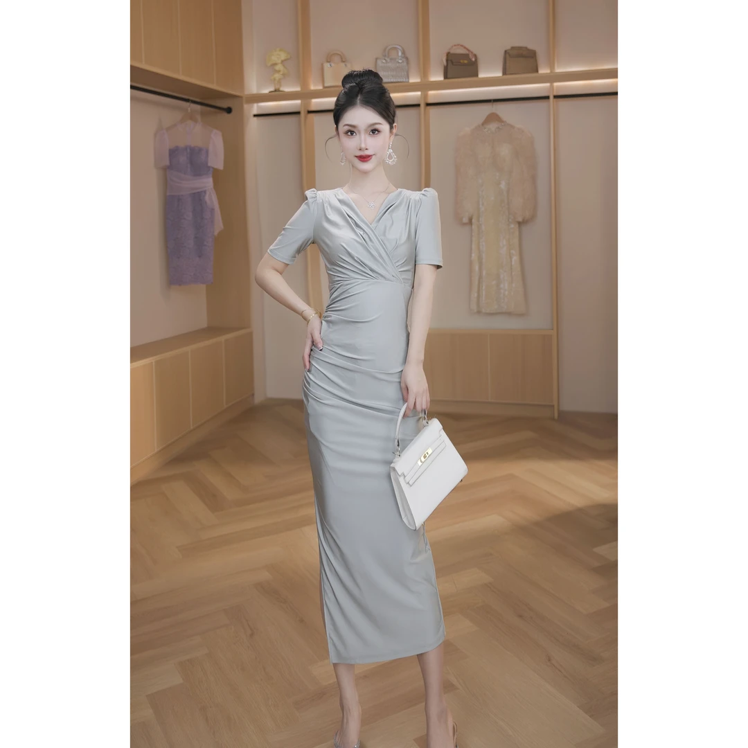 【设计师定制】法式时尚气质通勤褶皱包臀修身一步连衣裙30167