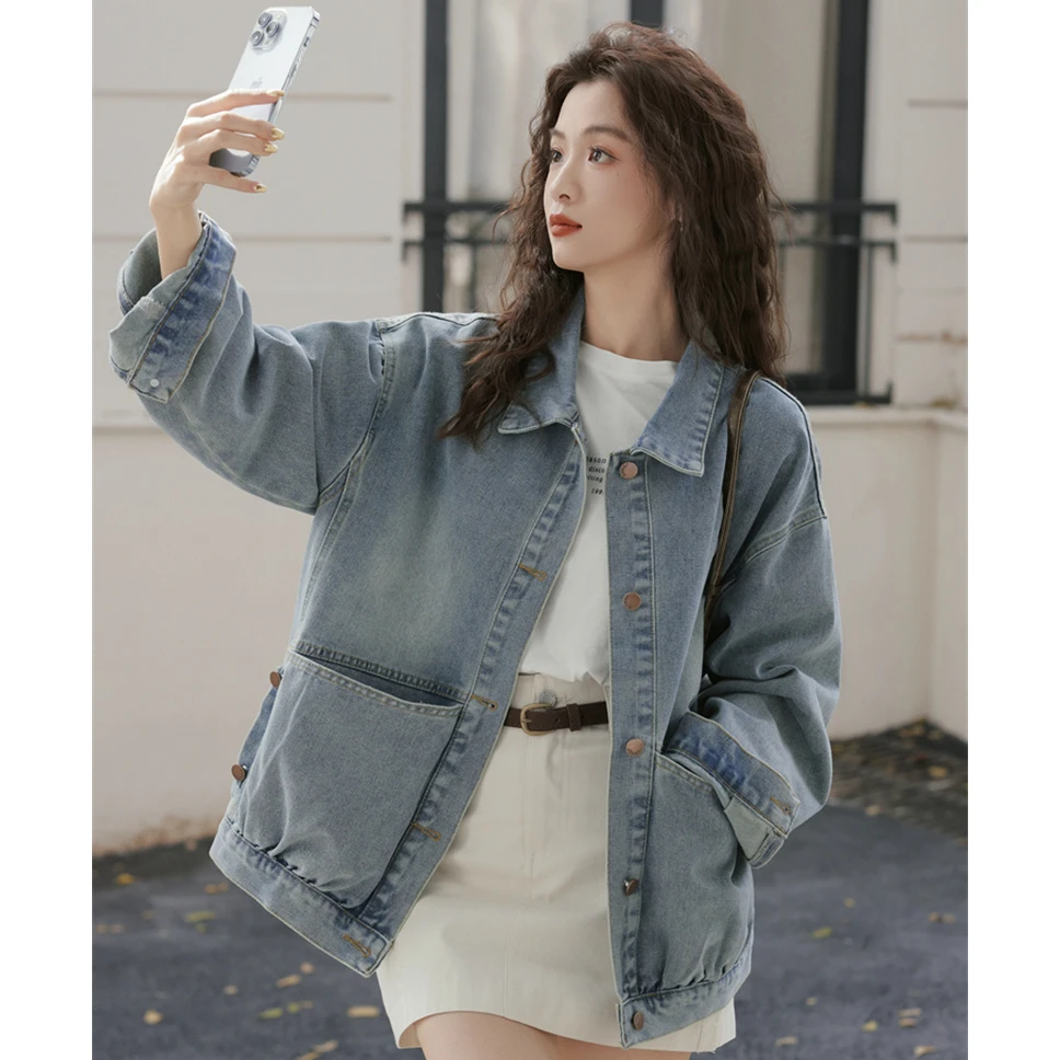 美式蓝色牛仔外套女春秋季2025新款加绒加厚独特超好看小个子外套