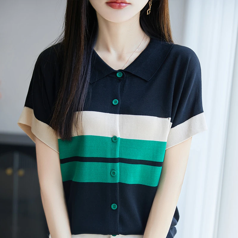 2025新款爆款正品夏季高级感翻领拼色减龄针织衫时尚百搭开衫女